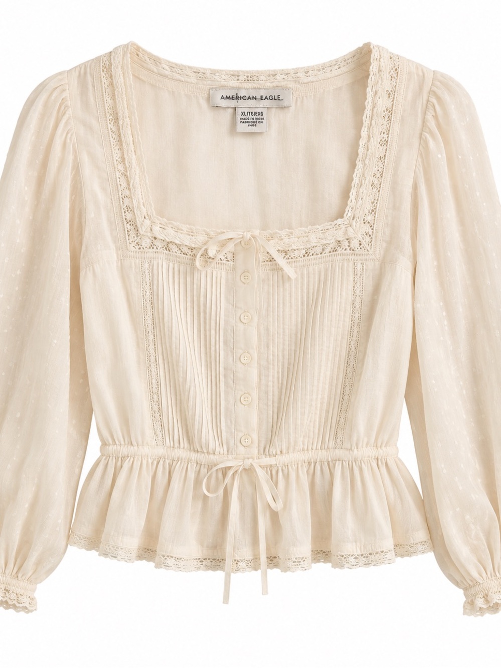 American Eagle Outfitters Cream Lace-Trim Square Neck Peplum Blouse XL